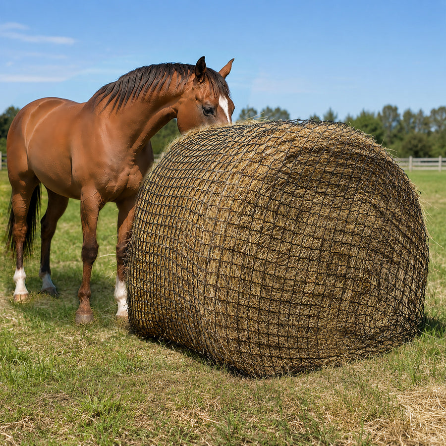 Large slow feed hay net around a round bale